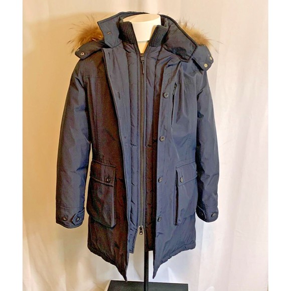 Aigle Other - AIGLE Men's Hooded Goose Down Parka - Navy Blue Coat Jacket- Fur Trim - Sz 36